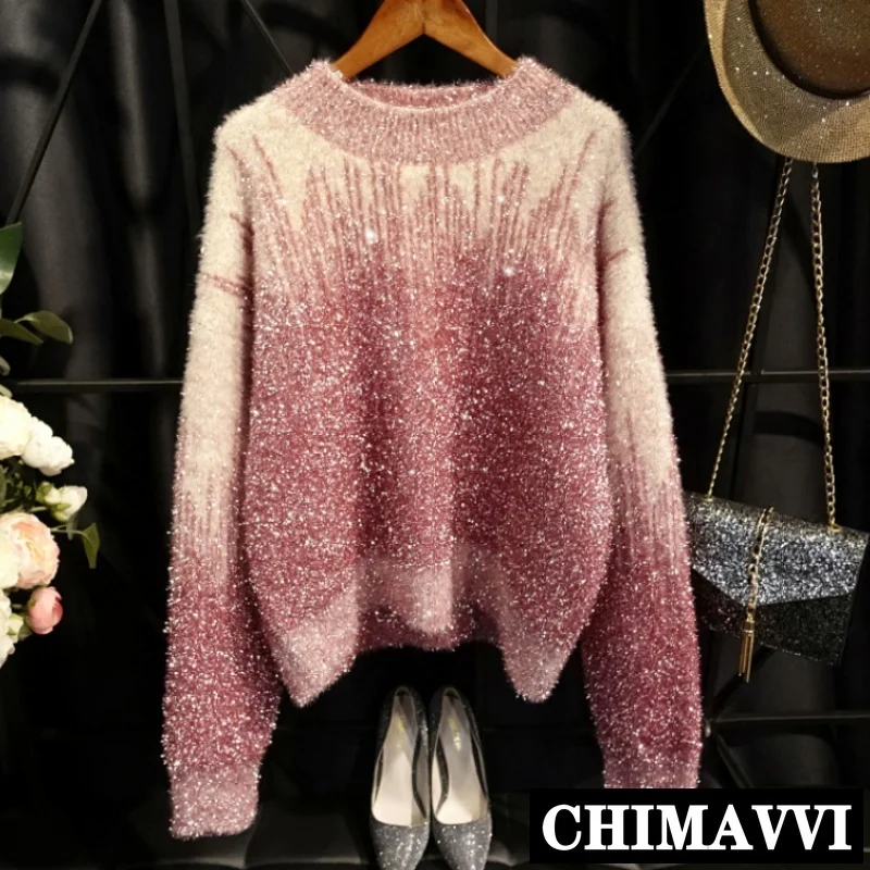 Shiny Silk Knitwear Women\'s Pullovers Ins Loose Gradient Color Thickened Sweater Lady Fashion Knitted Top Loose