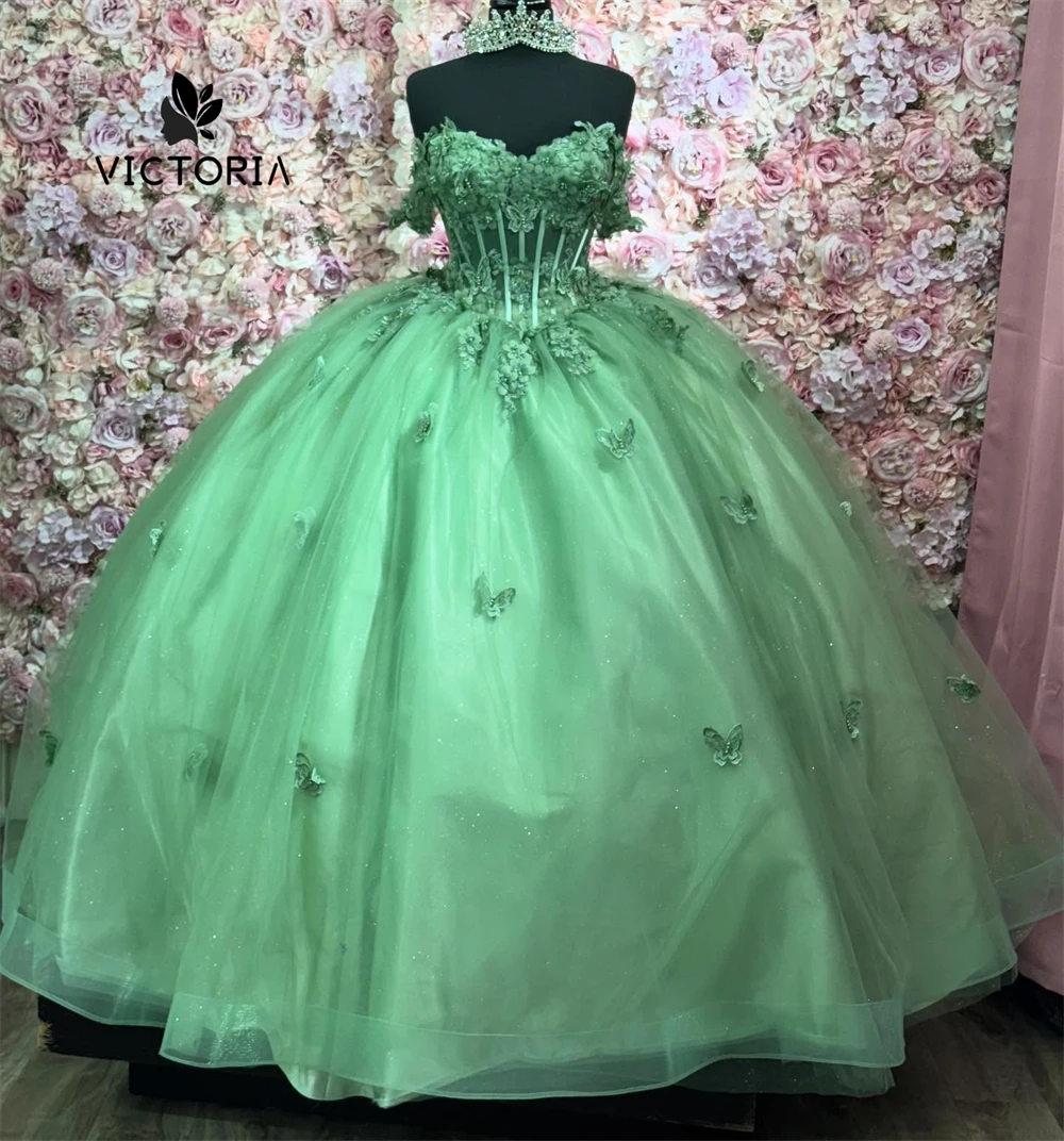 Levendige Groene Quinceanera Jurken Kralen Applique Baljurk Off Schouder 2025, Verjaardag Luxe Jurk vestidos de 15 jaar Aangepast