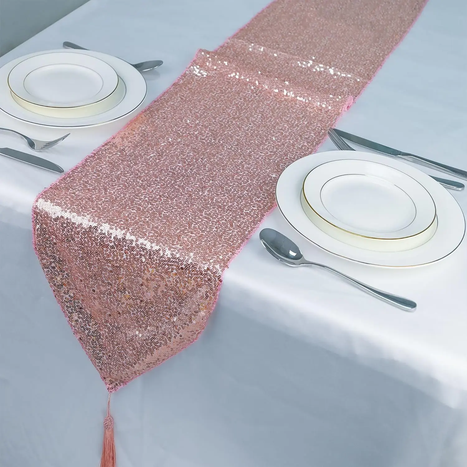 Sequin Table Runner with Single Tassel Design – Reusable; Suitable for Weddings, Banquets, and Parties