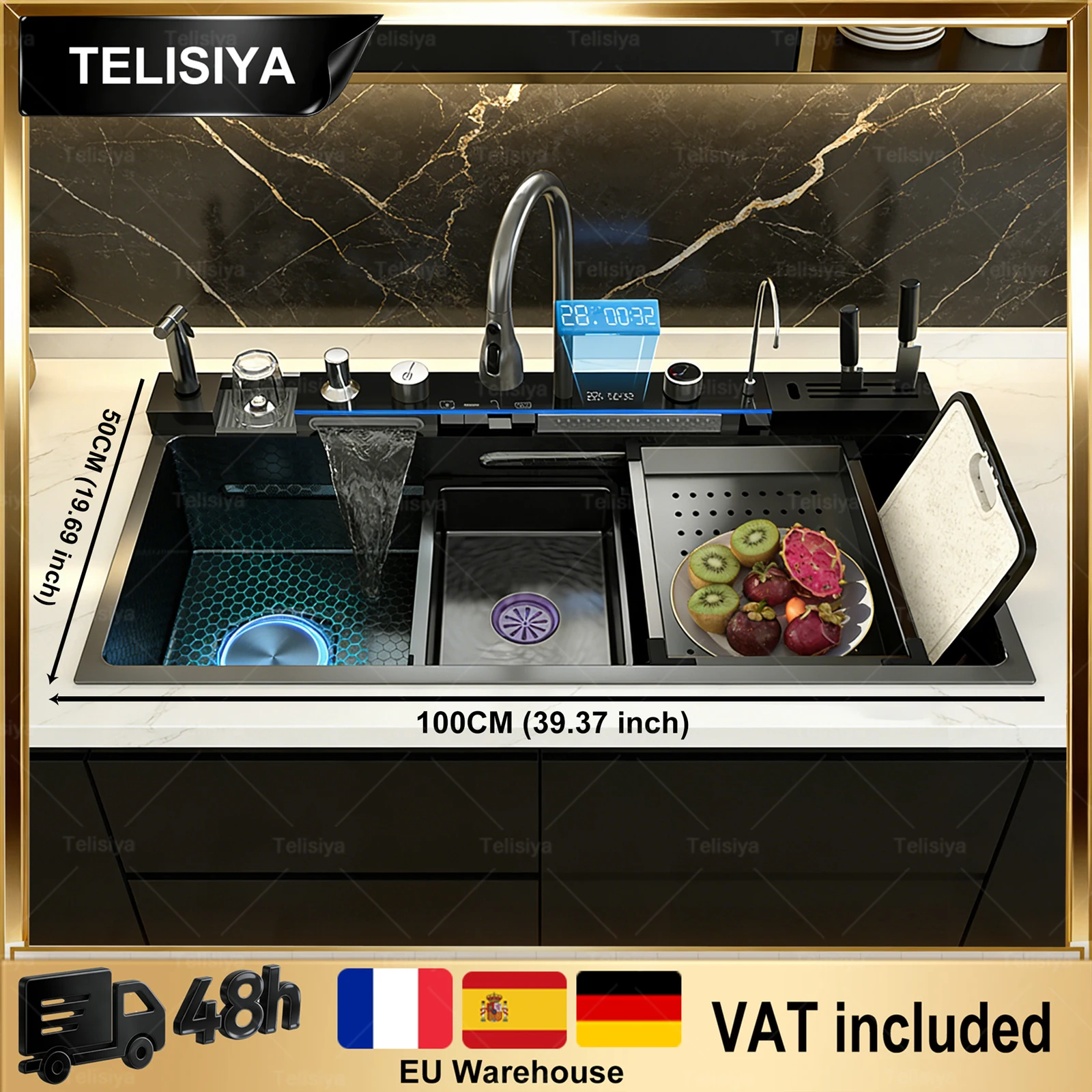 Stainless Steel Kitchen Sink Multifunctional Digital Display Waterfall Large Single Slot Ships from the U.S.