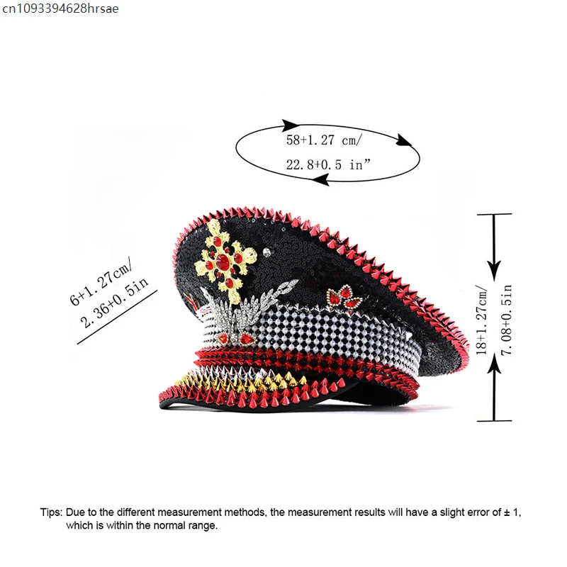Steampunk Captain Hat Rivet Sequin Masquerade Festive Performances Unisex Adult Military Cap Rhinestone Festival Halloween Hat