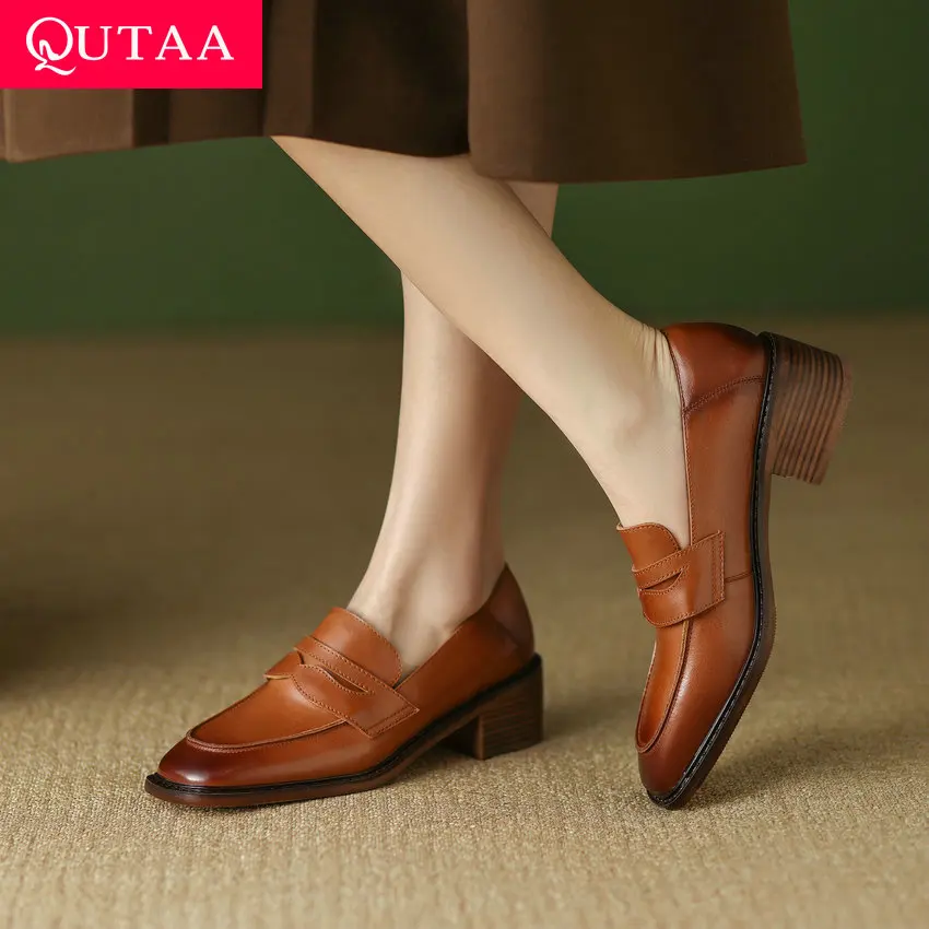 

QUTAA 2024 Med Heels Women Pumps Genuine Leather Shoes Woman Spring Summer Casual Working Pumps Loafers Size 34-39