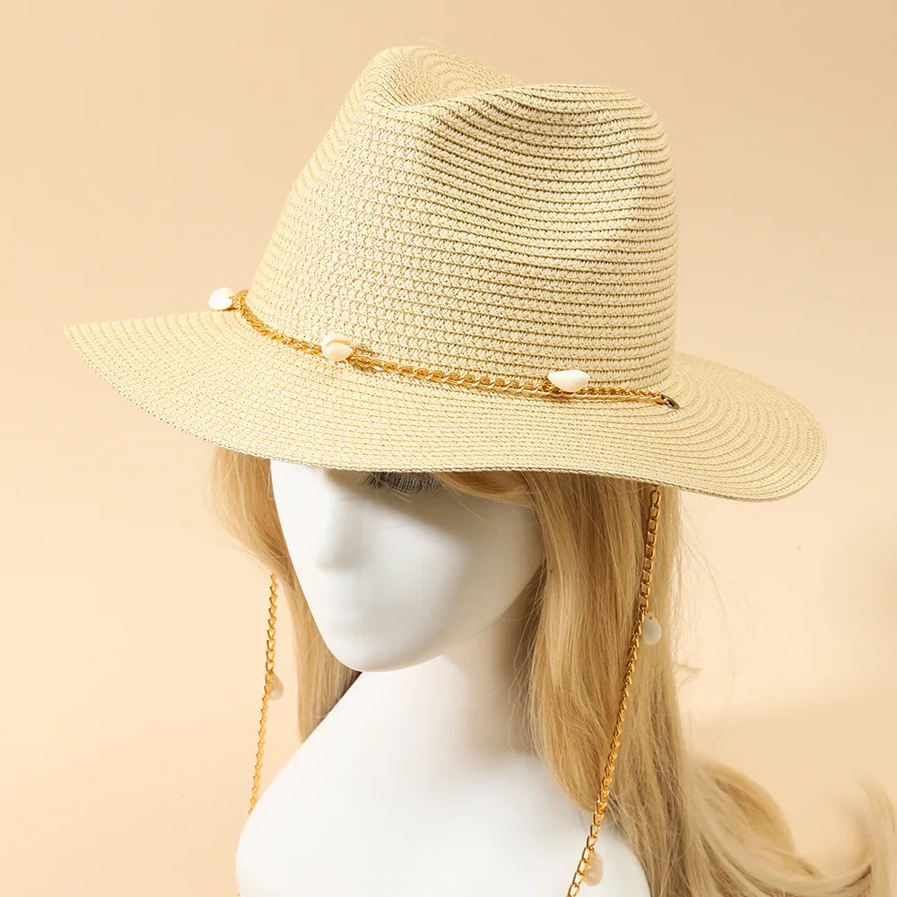 Ins Paper Straw Sun Hat for Women, Flat Brim Fedora with Shell Chain, Wide Brim Beach Panama Hat