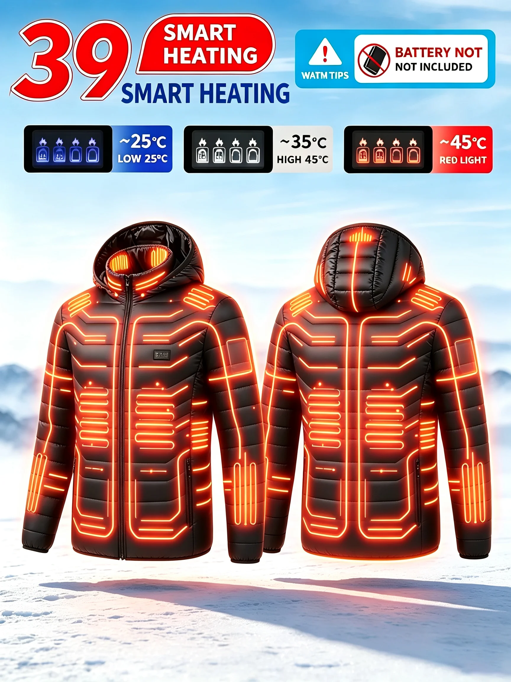Men's Intelligent Heating Jacket 39 Heating Zones Four Temperature Control Settings Outdoor Cold Resistance Winter Hat Included (Battery Not Included)