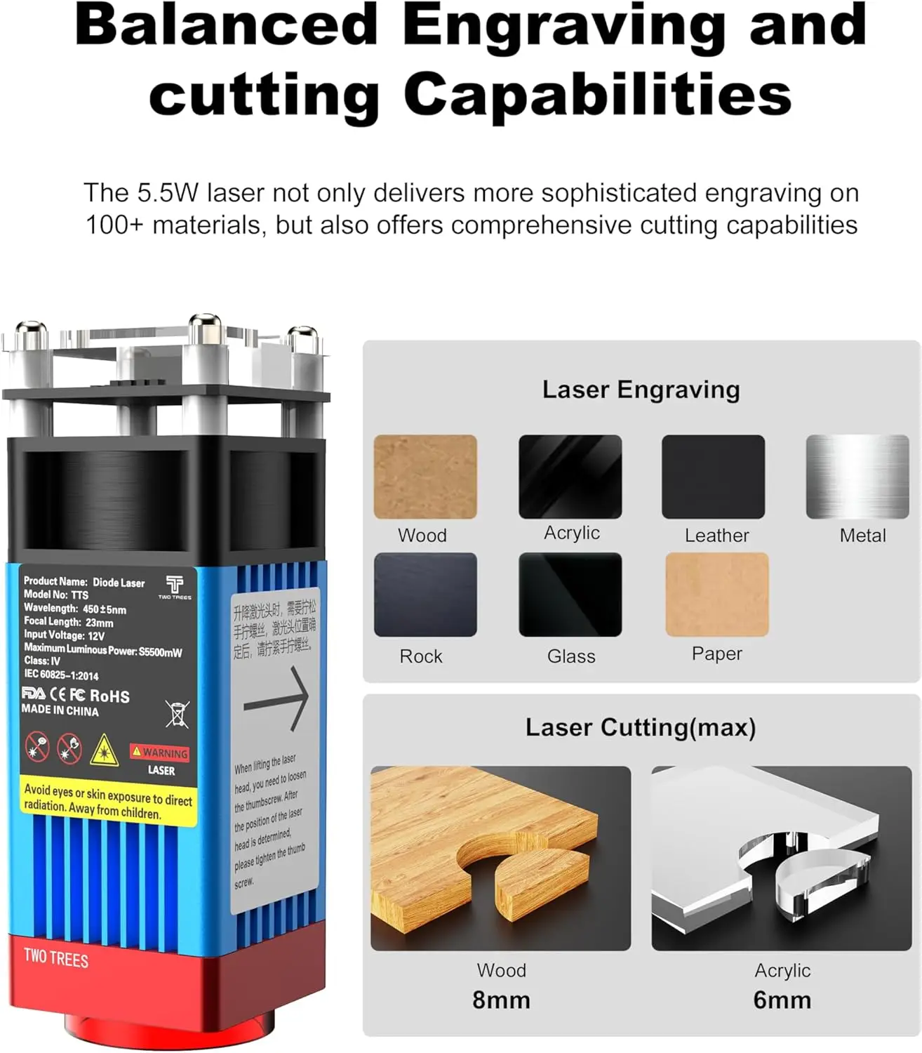 Лазерный гравер Twotrees TTS-55 Pro, лазерный гравировальный станок 5500 МВт, лазерный резак, скорость 30000 мм/мин, лазерный точечный гравер 0,08 мм Mach