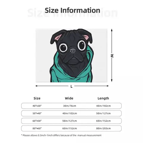 Koc z kapturem z motywem czarnego mopsa, dekoracyjny na sofę, dla dziecka, do drzemki.