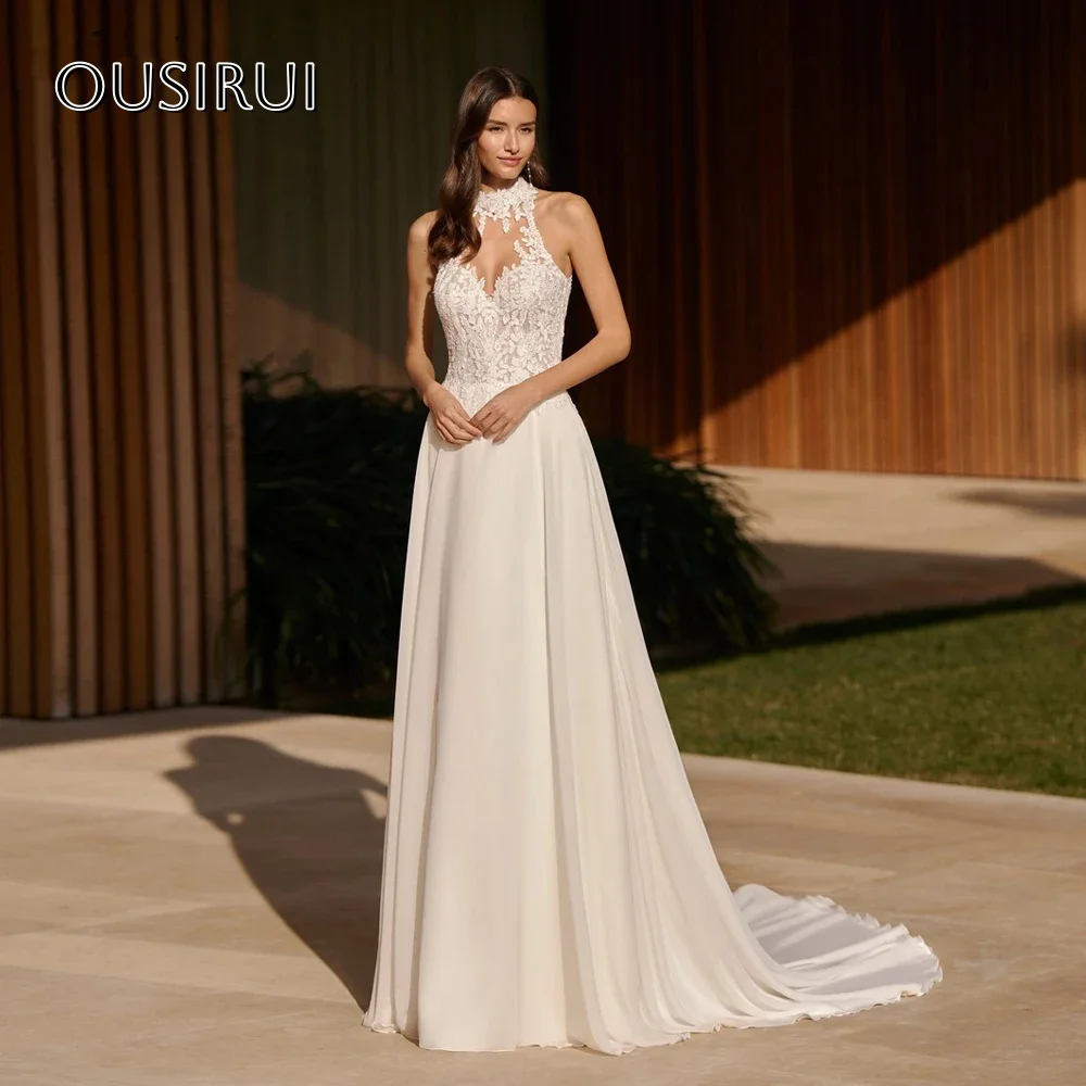 

Halter Lace Wedding Dresses for Women A-line Chiffon Sweep Train Backless Buttons Bridal Dress Vestido De Novia Customized