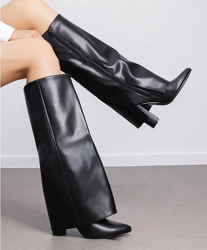 

Women's Black Crocodile Patterned Over The Knee Boots Faux Leather High Heel Boots Chunky Heel Elegant Boots for Autumn Winter