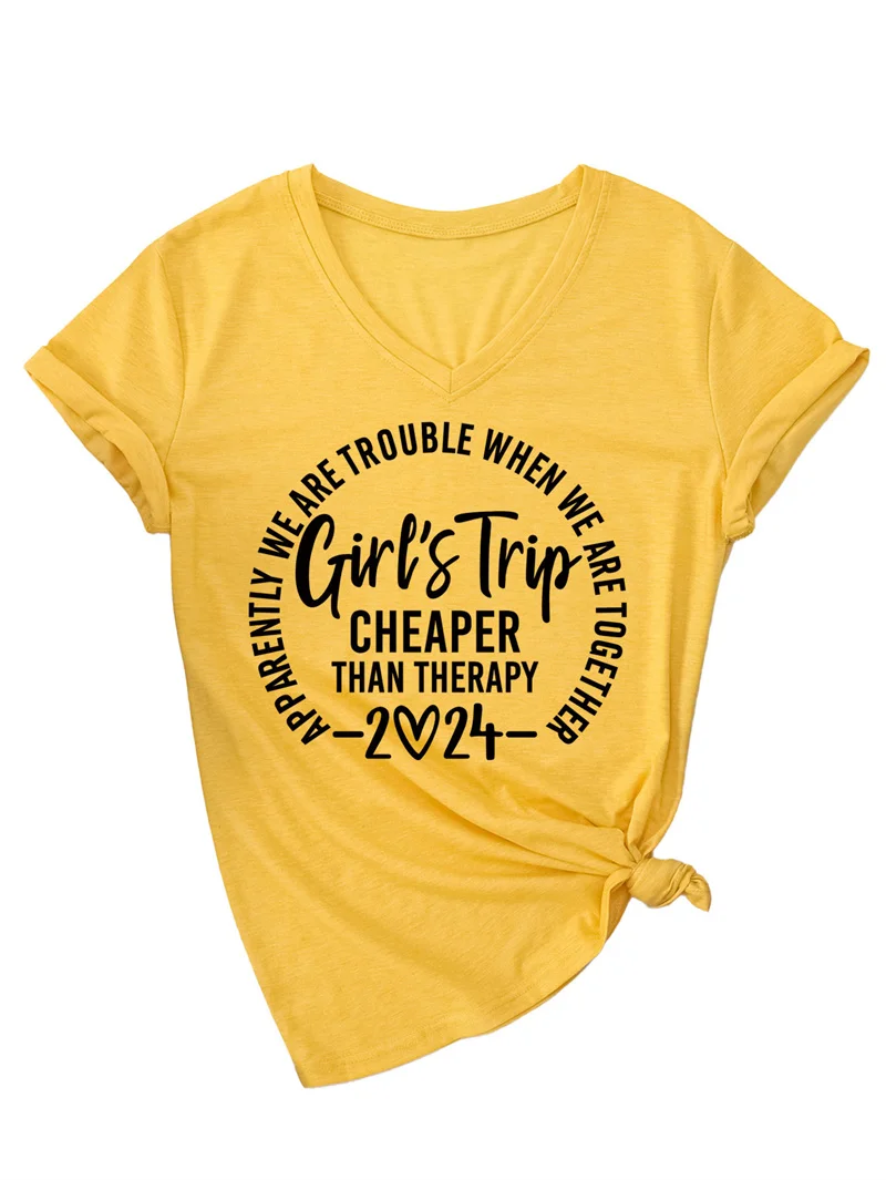 Stylish Summer casual V-neck Short sleeve Girl's trip cheaper than therapy Print 2024 New casual T-shirt