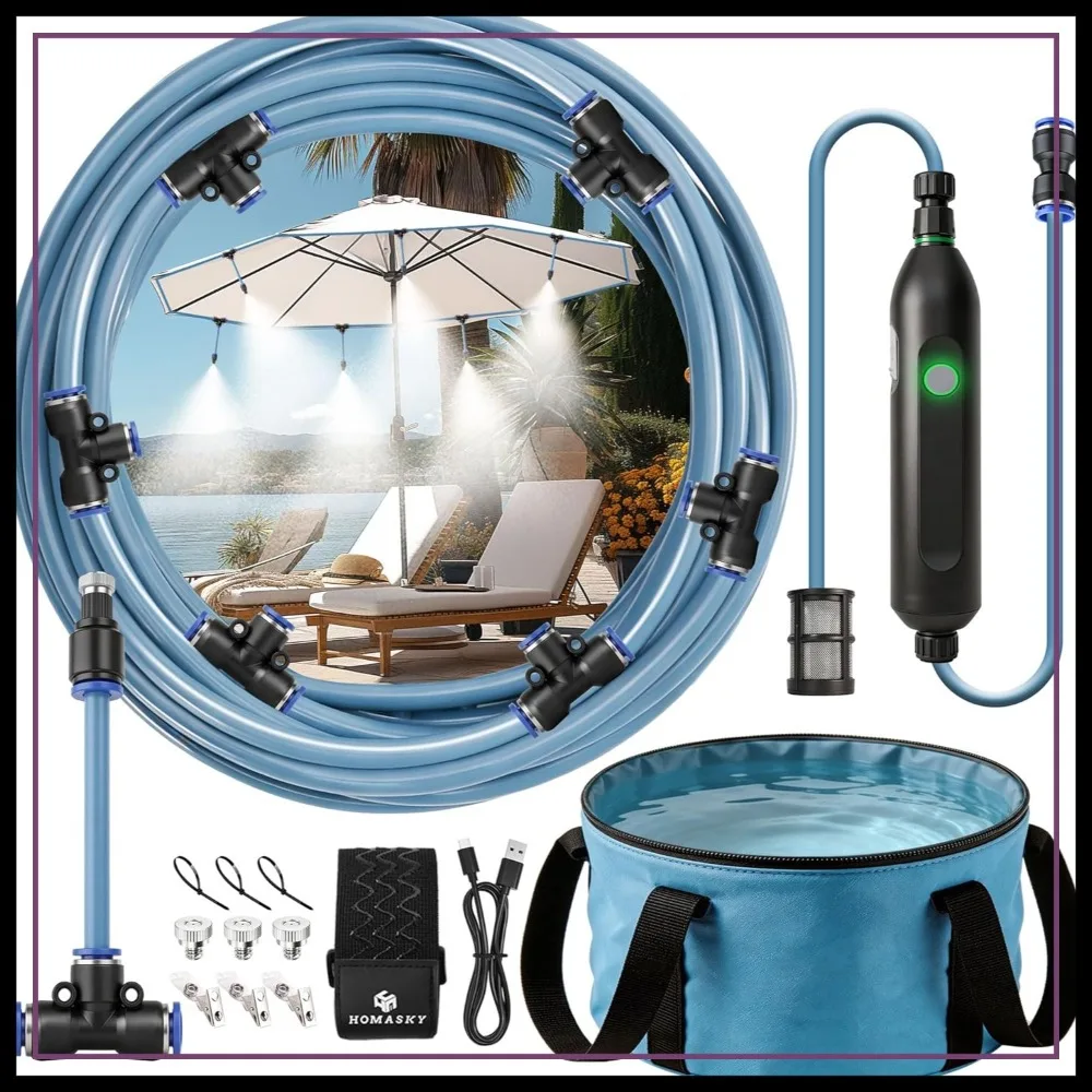 

Portable Misting System for Outdoor Cooling, 23FT Misters with Rechargeable Pump, 30L Water Bag, 6 Adjustable Nozzles for Patio, Tent, Camping