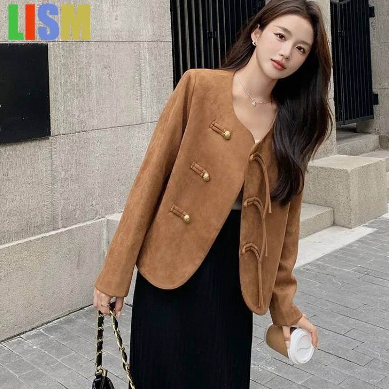 

LISM Coats for women Retro suede short jacket New Deerskin Velvet Solid Color Versatile Temperament Short Top