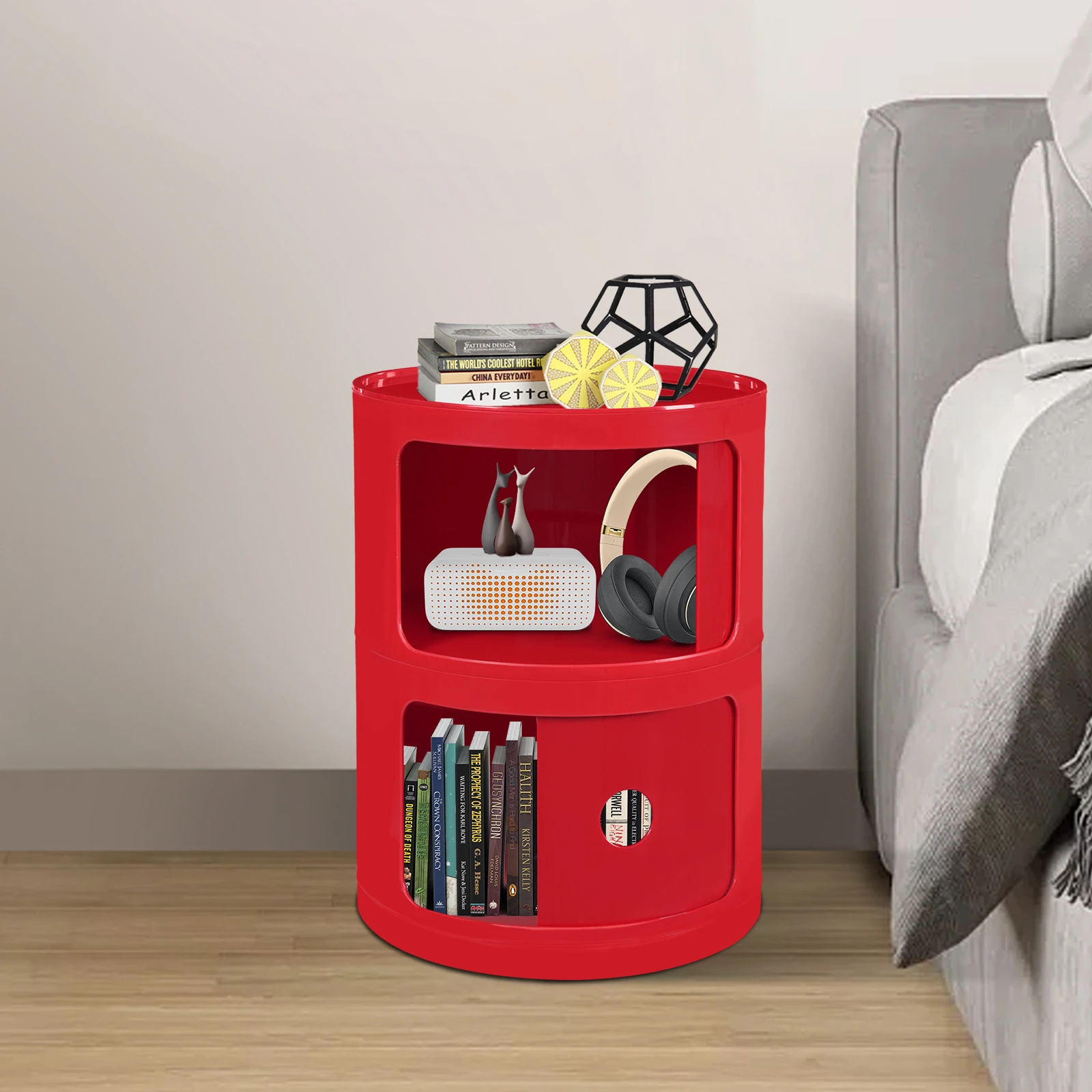 

2 Tiers 88lbs Large Capacity Red Round Cabinet, 12.5*15.7 Inch Table Organizer with Sliding Door for Bedrooms, Nurseries