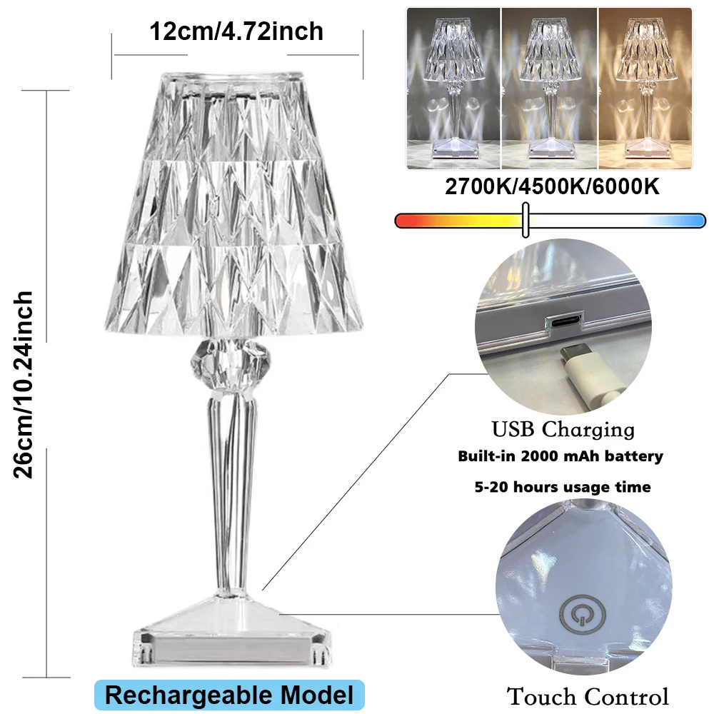 USB Power/Rechargeable LED Diamond Night Lights Bedroom Bar Decor Touch Table Desk Lamps Wine Cup Crystal Bedside Night Lamp