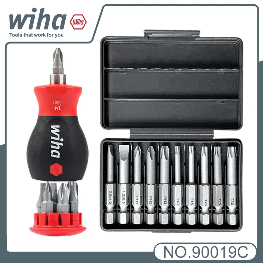 WIHA Magazine Screwdriver and Replaceable Screwdriver Bit Set with Slotted Phillips Torx Bits Short Shank Screwdriver 90019C