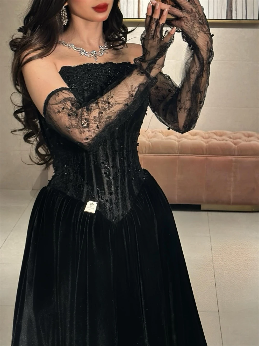 فستان Sansa مخصص أسود على شكل حرف a مزين بالترتر للحفلات الراقصة بدون حمالات دانتيل فيستدوس دي نوش طول الأرض سهرة رسمية 2025 #3
