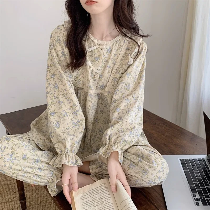 Women's Plus Size Pajamas Garden Style Student Sleepwear Homewear Two-Piece Set Korean Version of the Bow Outdoor Long-Sleeved