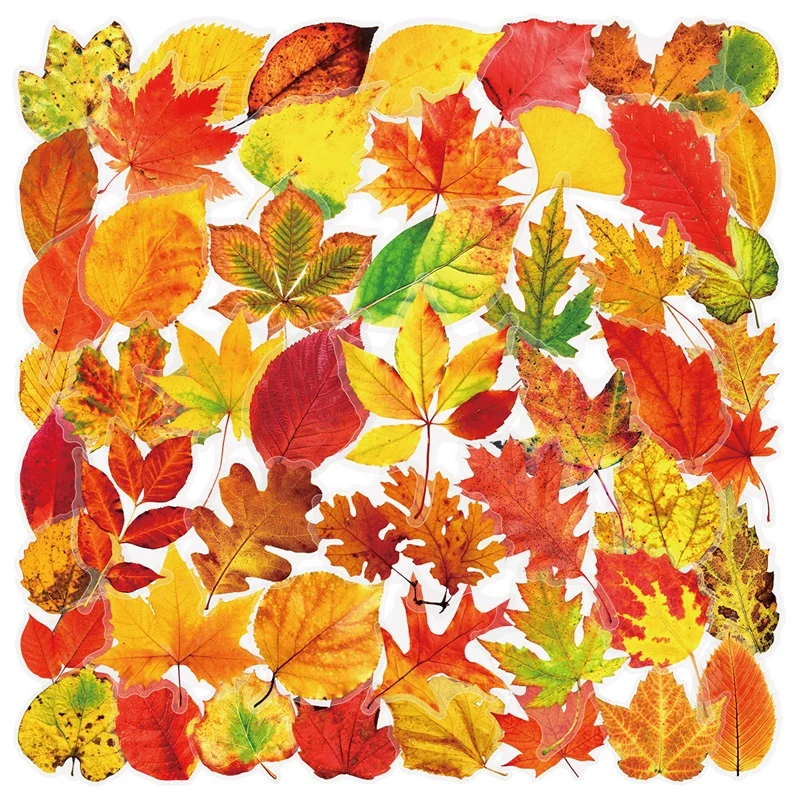 50PCS Kawaii Autumn Leaves PVC Sticky Sticker Aesthetic DIY Decoration Scrapbooking Hand Accounting Supplies for Kids