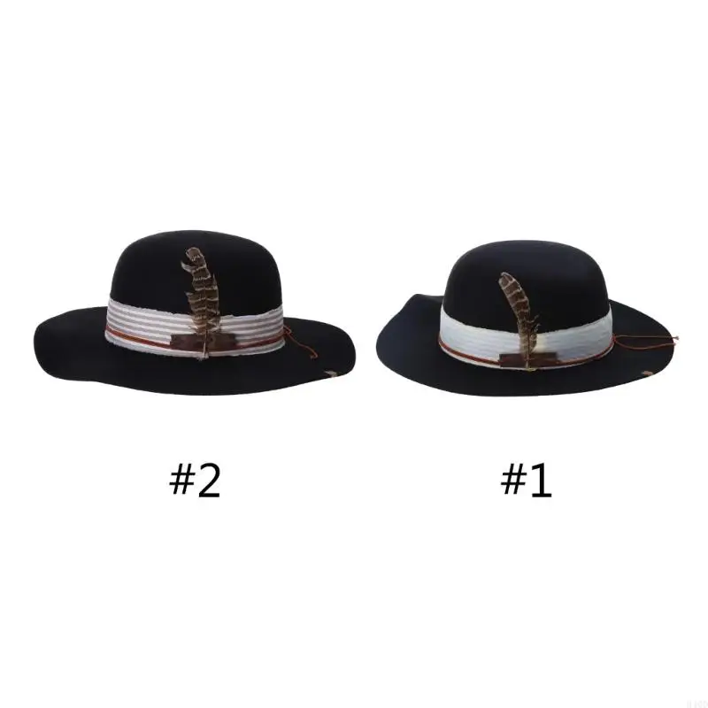

340D Round Top Hat Vintage Fedora with Feathers Theme Party Costume Hat Wool Hat