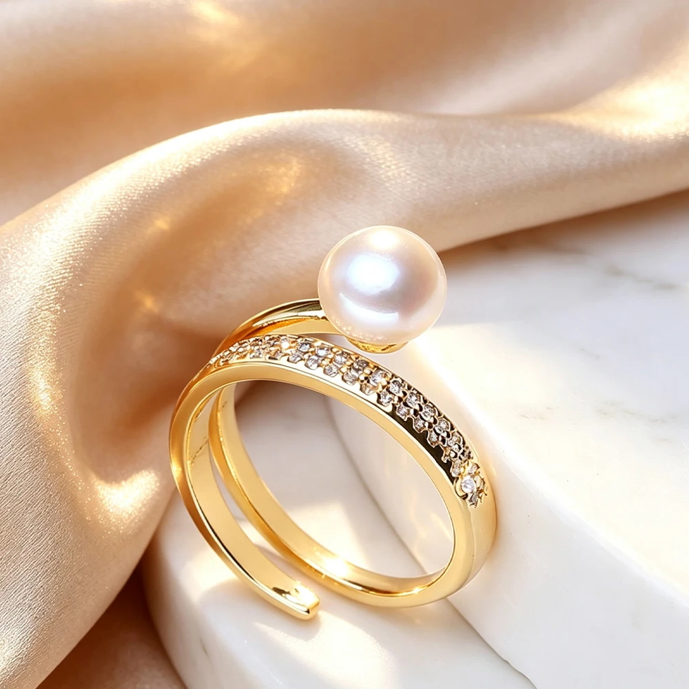 FENASY Gold Color Freshwater Pearl Cocktail Ring for Women Elegant Party Jewelry Birthday Gift