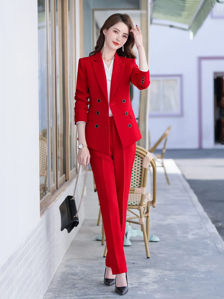 Solid Suits for Women 2024 Fashion Office Ladies Long Sleeve Double Breasted Tops Chic Slim High Waisted Pant Suits