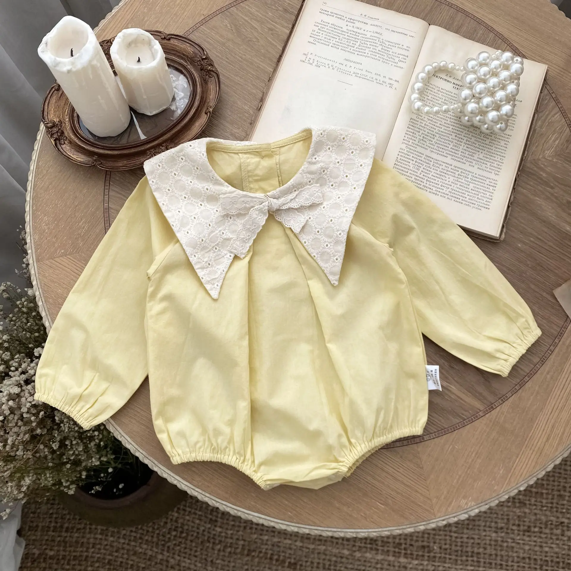 2024 Autumn New Baby Girl Embroidery Lapel Bow Bodysuit Infant Toddler Long Sleeve Solid Jumpsuit Cotton Princess Clothes 0-24M