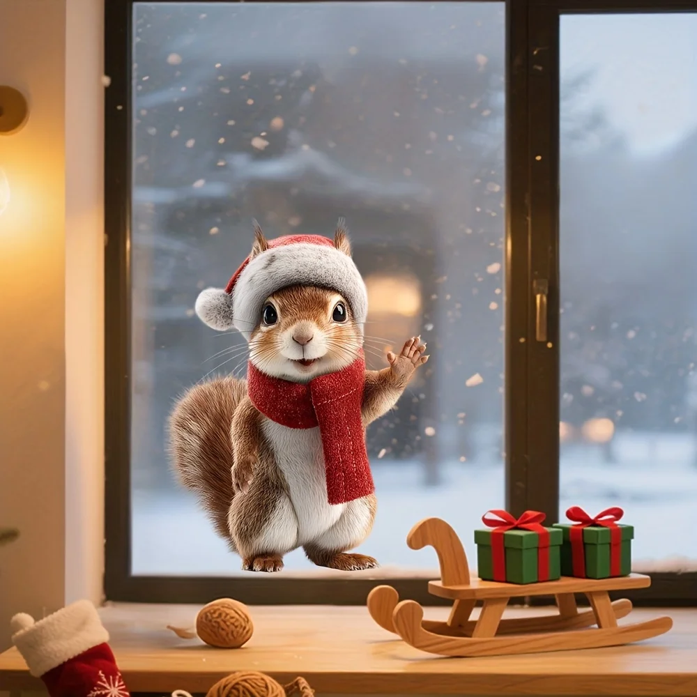 1 قطعة عيد الميلاد السنجاب نافذة ملصق مع وشاح سانتا قبعة ساكنة تتشبث الشتاء الباب الزجاج الديكور للمنزل مكتب مقهى