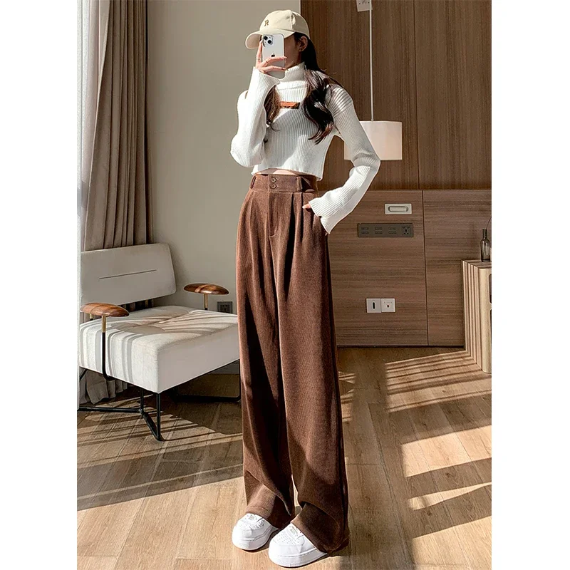 MEXZT Corduroy Wide Leg Pants Women Vintage Black Fleece Baggy Pants Winter Streetwear Korean High Waist Straight Trousers New