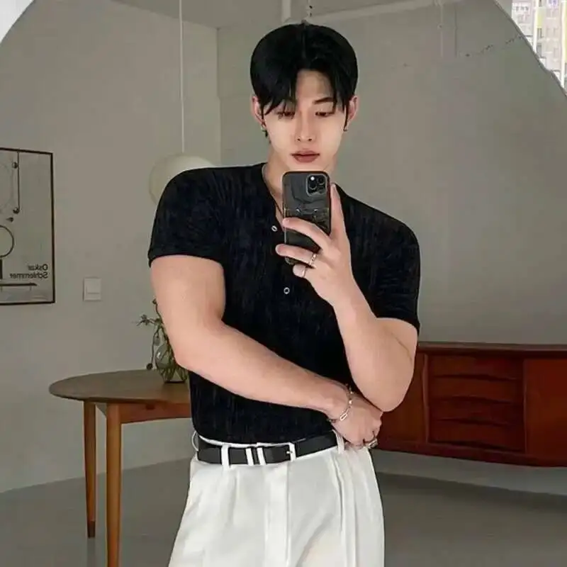 Korean Style Men's Tees Round Neck Solid Color Button Design Tops Short Sleeved Slim Pullover Male T-shirts Summer 9WC98I