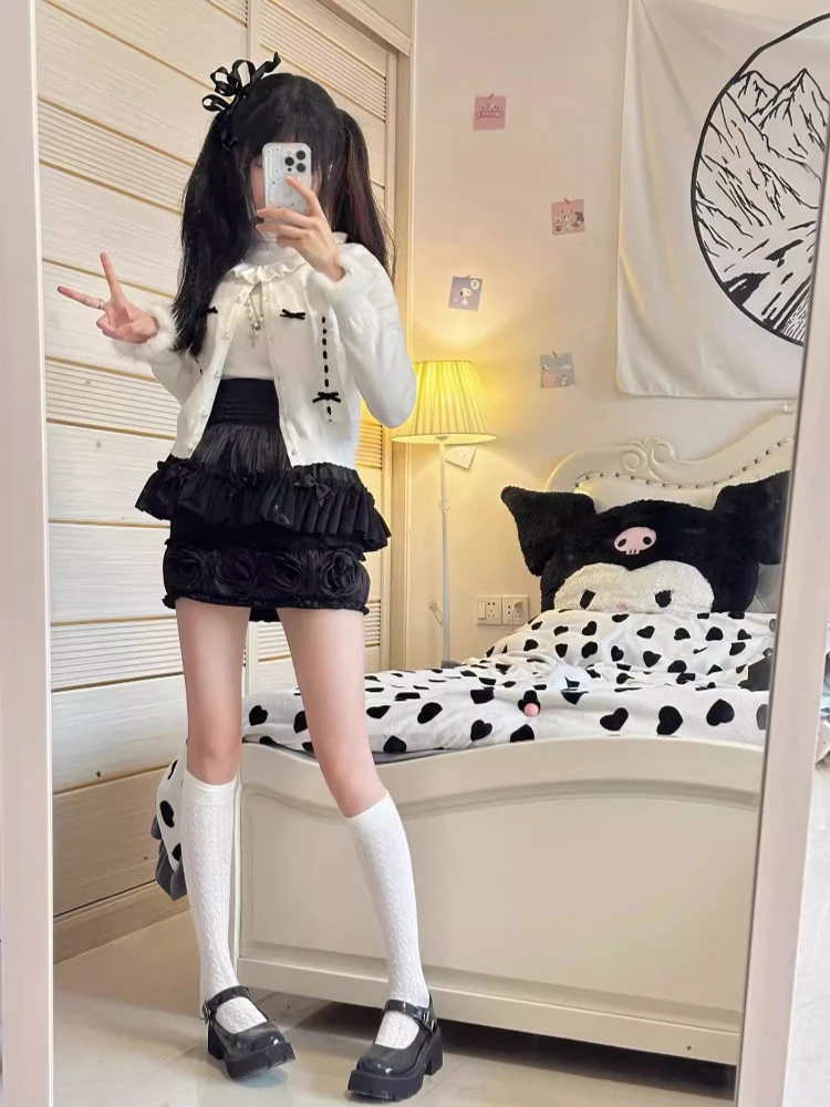 Sweet Knitted Cardigans Women Pearl Button Lace Ribbon Bow Decoration Lolita Cardigan for Girls Kawaii Clothes