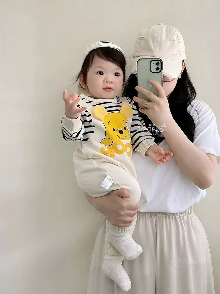 Spring Winter Newborn Baby Boys Rompers Cartoon Winnie Pooh Print Long Sleeve Jumpsuit Cotton Keep Warm Kids Girl Outfit Clothes