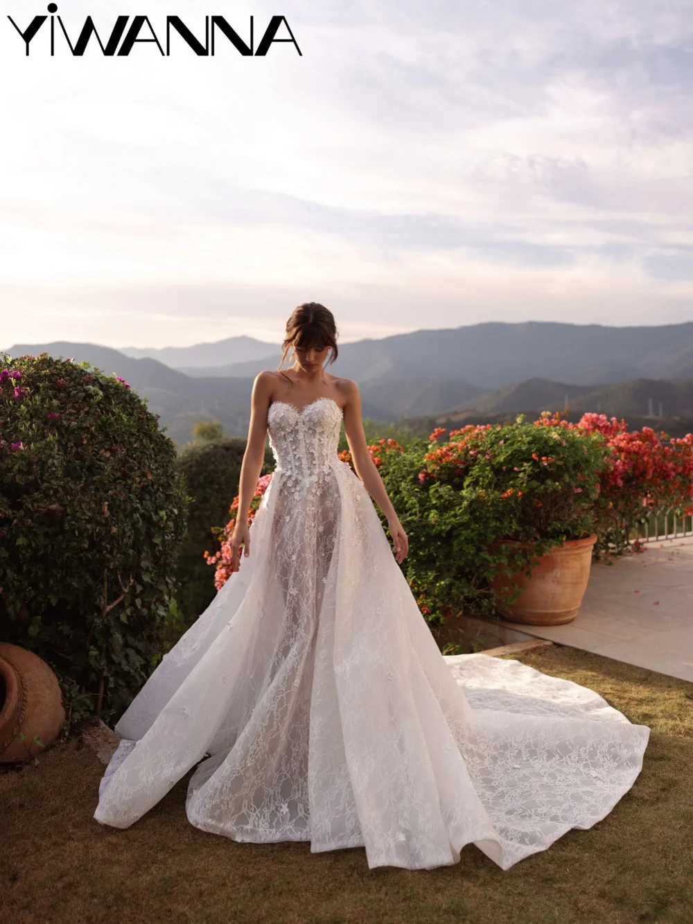 

New Charming 3D Floral Lace Wedding Dress Romantic Sweetheart Neck Bridal Gown Customized Detachable Train Dresses For Bride