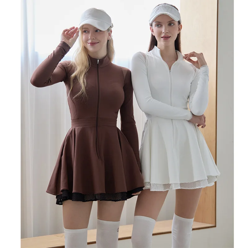 LEOSOXS 여성용 골프 긴팔 슈트 여성용 지퍼 칼라 테니스 드레스 피트니스 요가 러닝 빠른 건조 야외 체육관 스포츠 드레스