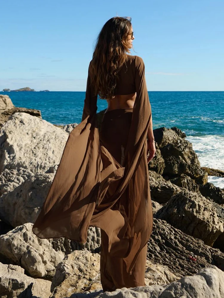 

Sisterlinda Sexy Vacation 2 Piece Set Women Chic Mesh Split Full Sleeve Zip Crop Top+Ruched See Through Skirt Beach Party Suit