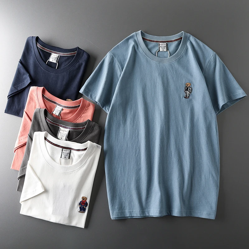 2024 Summer New American Retro Short Sleeve O-neck Embroidery T-shirt Men's Fashion 100% Cotton Washed Brushed Fabric Casual Top
