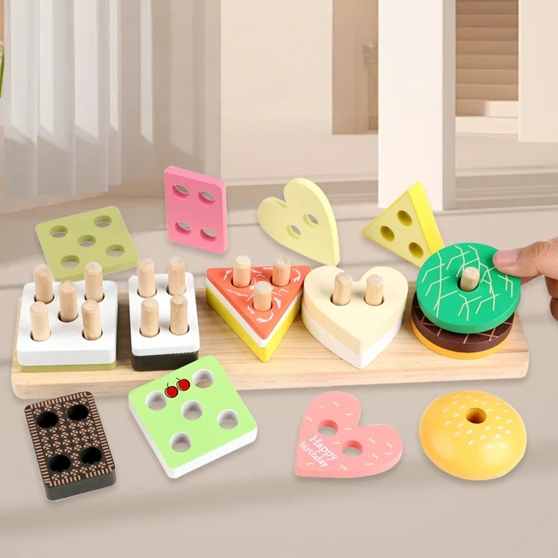 Children's Wooden Category Stack Toy Education Color Shape Classification Puzzle Toys Montessori Fruit Food Game
