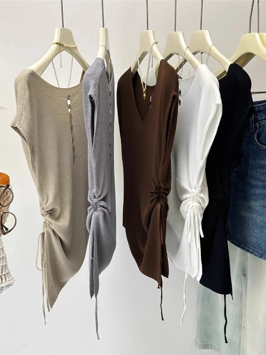 

Summer Y2k Clothing Back Hollow Out Ice Silk Knitwear Drawstring Knit Tops Women New Slim Skinny All-mach Short-sleeved Blouse