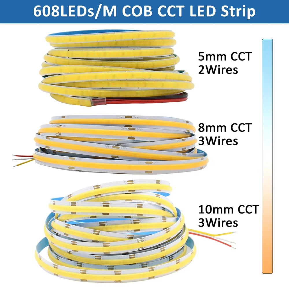 COB CCT LED Strip Light DC12V 24V 2700K to 6500K 608LEDs/m LED Tape Linear Double Color Ribbon Lamp 5mm 2wires 8mm 10mm 3wires