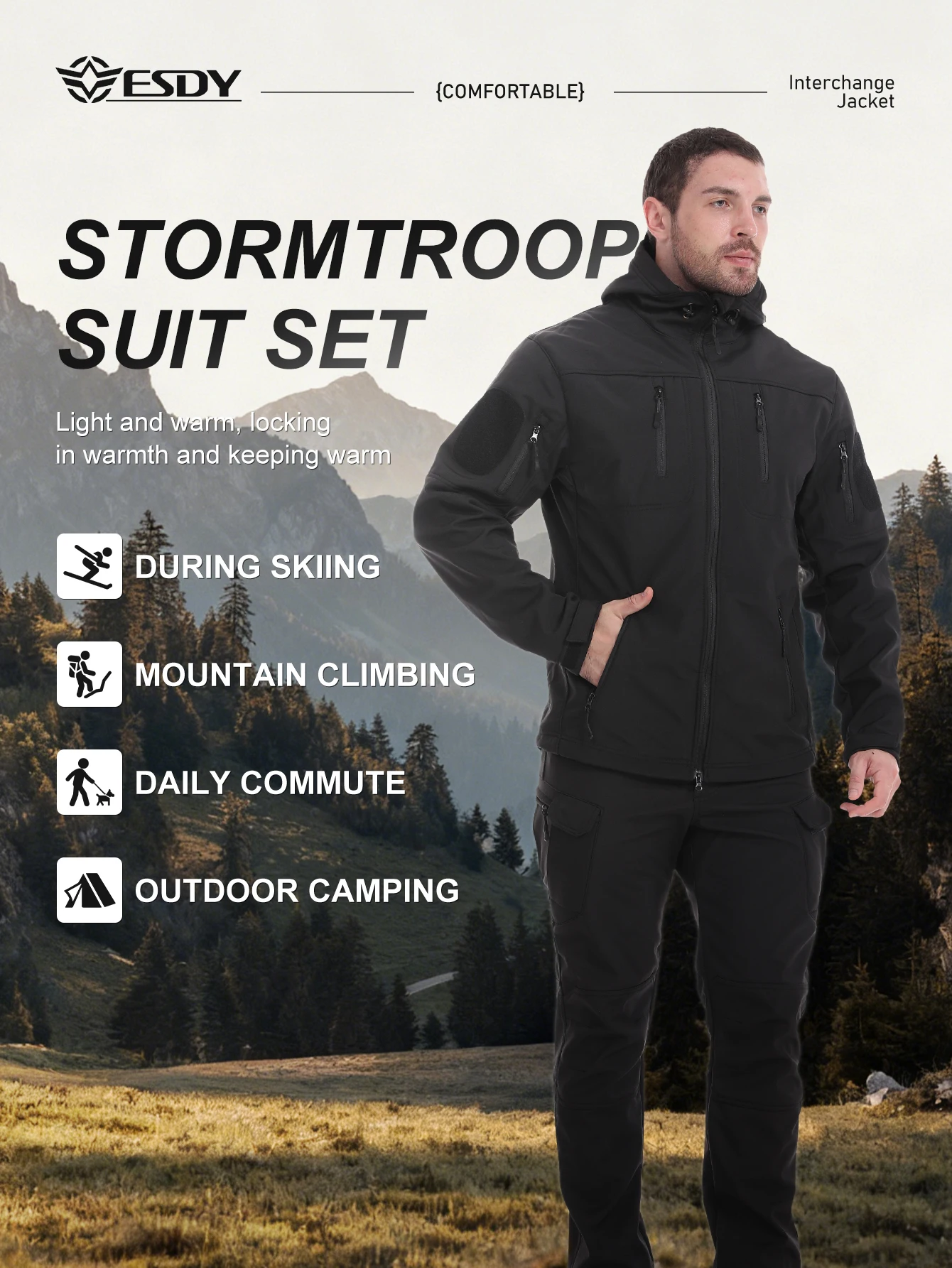 Esdy 1 Set of Men's Outdoor Tactical Clothing Set, Winter Fleece-Lined Jacket and Work Pants Set, Warm and Wear-Resistant Outdoor Mountaineering, Hiking and Skiing Set
