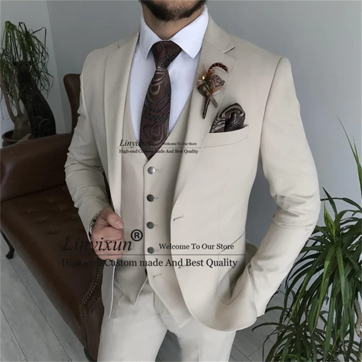 

Luxury Crystal Men Suits Beaded Lapel Groom Wedding Tuxedo 3 Pieces Sets Bridegroom Prom Blazers Party Terno Masculinos Completo