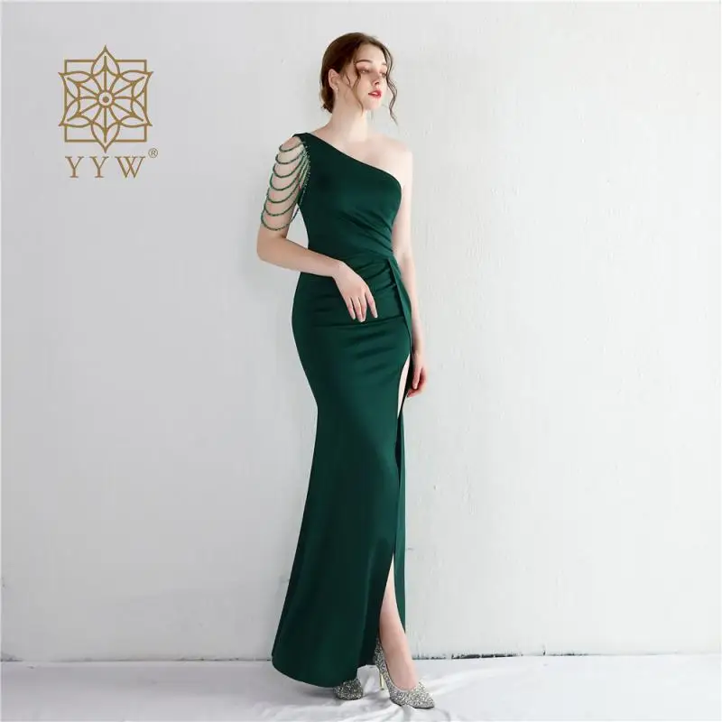 2022 Mermaid Long Evening Dress High Slit Vestido De Noche Vintage Beading Evening Dresses Asymmetric Sleeves Green Party Gown