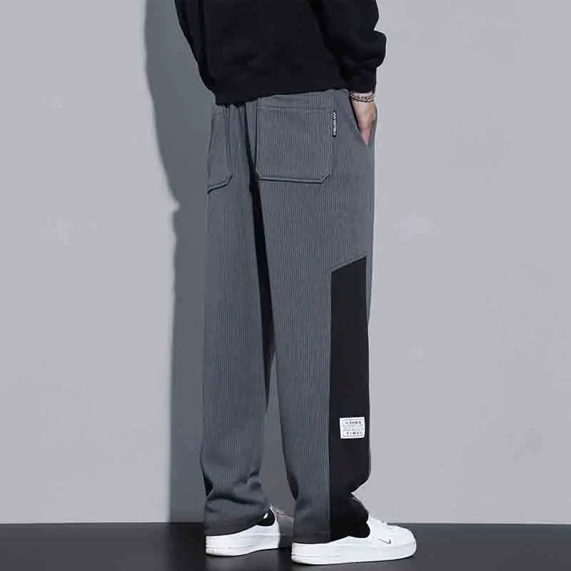Autumn Casual American High Street Straight Casual Pants Men's Color Blocking Drawstring Patchwork Pockets Loose Sports Trousers
