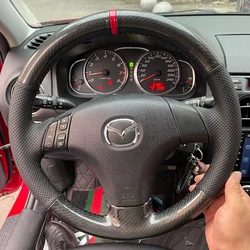 For Mazda 3 5 6 2003 2004 2005 2006 Hand Stitched black Carbon fibre Genuine Leather Car Steering Wheel Cover