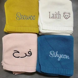 Knitted Baby Blanket Personalized Name Baby Shower Newborn Baby Gift Soft Breathable Blanket Embroidered Kids Cotton Nap Blanket