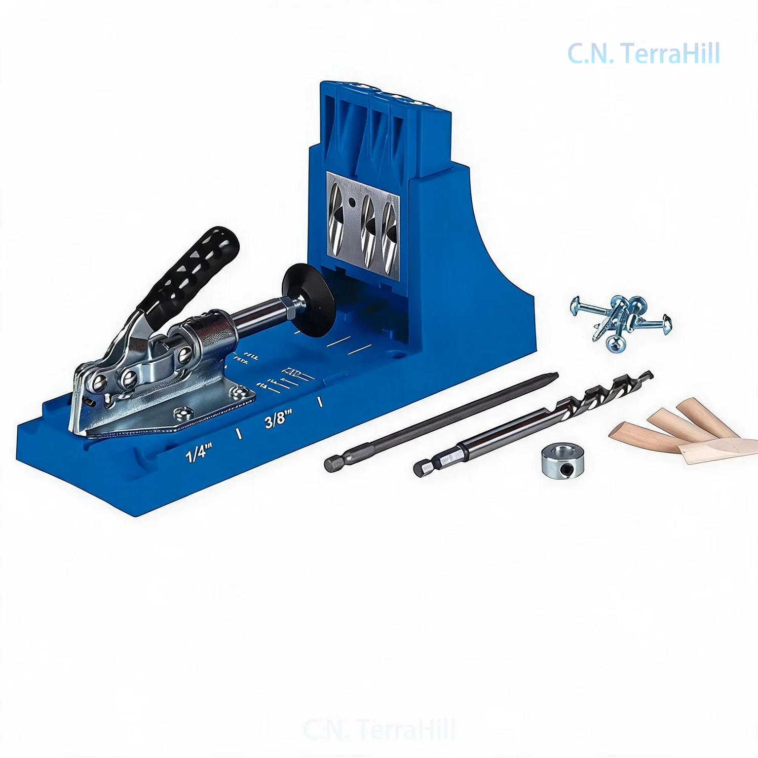 Woodworking Pocket Hole Jig Kit, 15° Angle Drilling Guide Tool for Cabinet Joinery, Dowel Drill Locator with Stop Collar