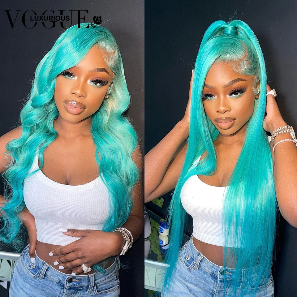 5X5 Lace Closure 13X4 Mint Green Colored Front Wis Straight Body Wave Human Hair Frontal Wig Natural Hairline For Woman On Sale