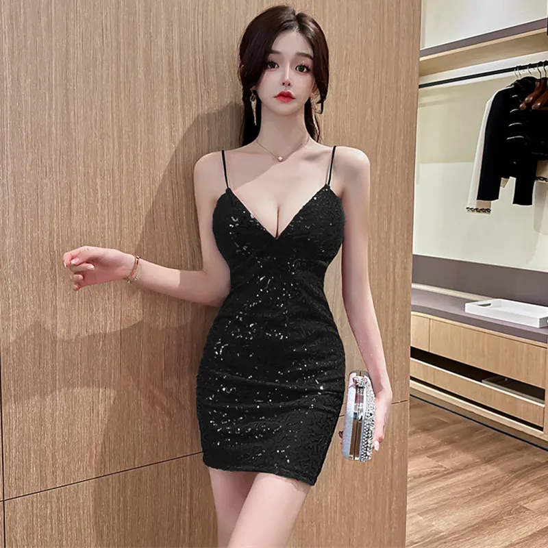 #4965 Sequins Dress Women Gold Silver Red Pink Black Party Dresses Women Evening Deep V-neck Pencil Mini Dress Backless Summer