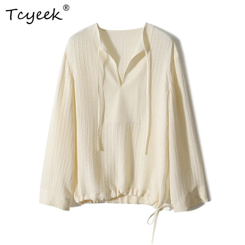 

Tcyeek, 100%Mulberry Silk, Women Bubble Crepe Shirts, Lace-up Loose Blouses, 2024 Spring Summer Autumn Elegant Top T49307QM