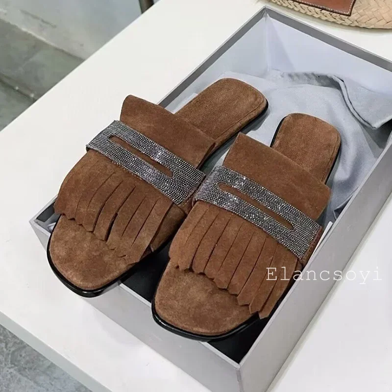 Metal String Bead Decor Kid Suede Tassels Flat Bottom Slippers Women Open Toe Lazy Sandals Ladies Summer Outdoor Vacation Shoes view 6