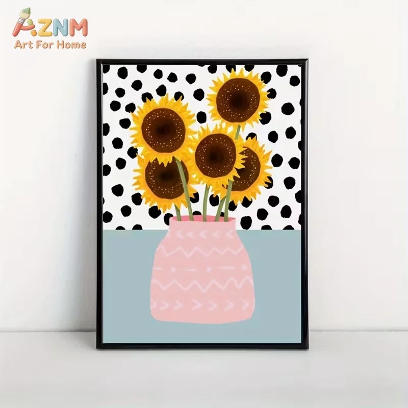 AZNM Unframed Canvas Print Sunflower Vase Wall Art Polka Dot Background Home Decor Poster