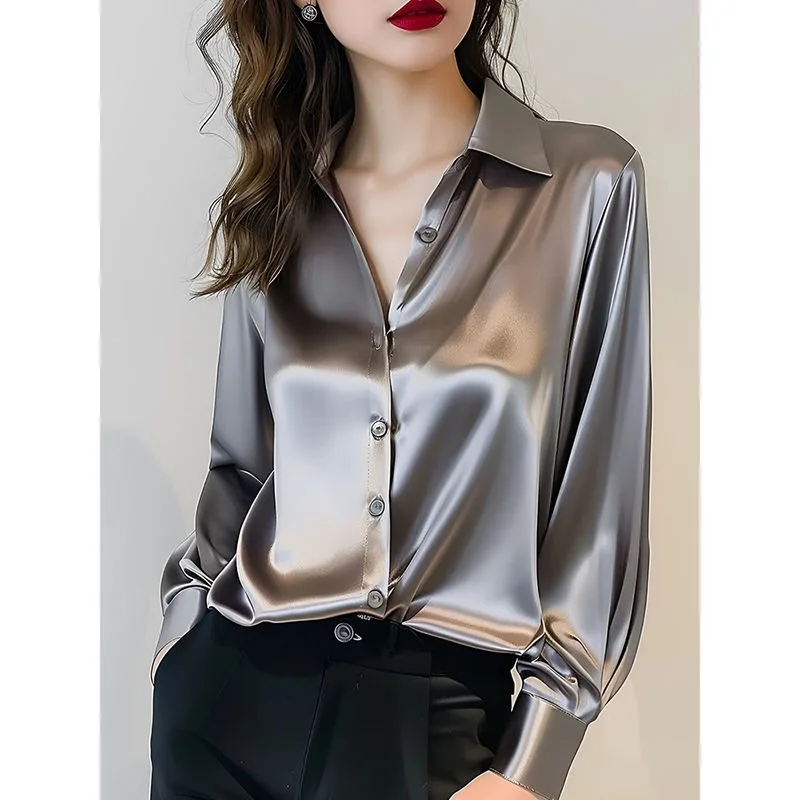 

2025 New High-end Gray Satin Shirt Blouse Women Style Satin Coat Lapel Red Women's Long Sleeve French Silk Professional Shirt